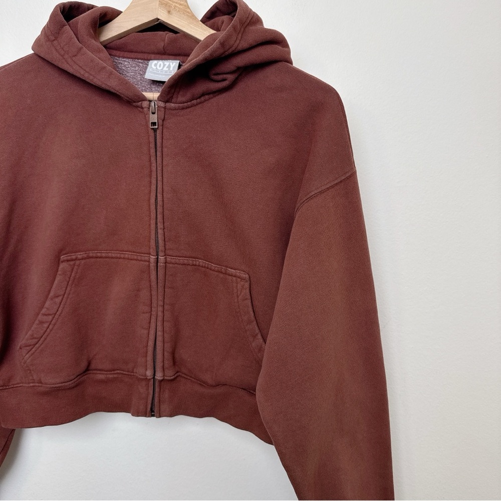 Aritzia TNA Womens Xsmall Cozy Fleece Perfect Zip-Up Hoodie in Cognac - Picture 4 of 11